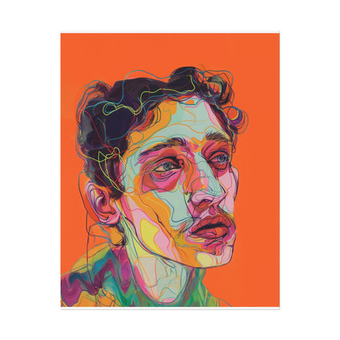 Vibrant digital portrait of a person with angular features against a bright orange background. The face is composed of bold, colorful lines and shapes in various hues including purple, yellow, pink, and teal. The subject has tousled dark hair and a contemplative expression, with prominent eyes and lips. The style is reminiscent of expressive, contemporary digital art.